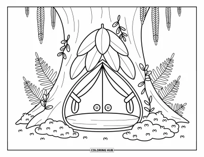 Coloriage de tente pour adultes : Tente nichée dans le creux d'un tronc d'arbre entourée de lianes feuillues et de fougères forestières
