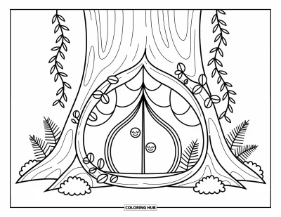 Coloriage de tente pour adultes : Tente sous un arbre avec un toit feuillu, des boutons et des détails forestiers moussus