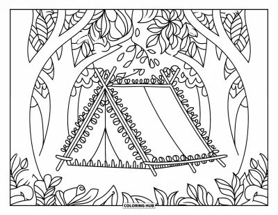 Coloriage de tente pour adultes : Tente avec des feuilles et branches style dentelle, entourée de silhouettes forestières marquées