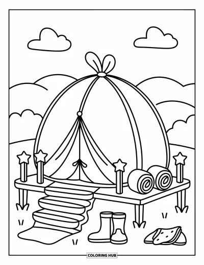 Coloriage de tente pour adultes : Tente aux côtés arrondis sur une plateforme, entourée de nuages et d'accessoires de camp