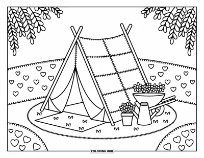 Coloriage de tente pour adultes : Tente aux panneaux cousus entourée d'outils de jardin fantaisistes, de feuilles et d'une brouette