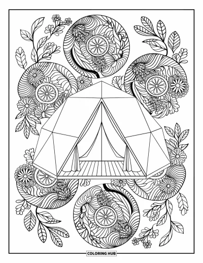 Coloriage de tente pour adultes : Tente avec base en bois enveloppée de mandalas feuillus dans un espace aéré