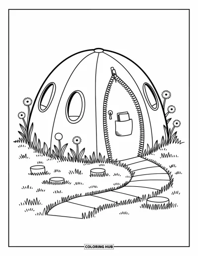 Coloriage de tente pour adultes : Tente avec porte à fermeture éclair et poche, entourée d'un chemin de pierres et de fleurs en fleurs
