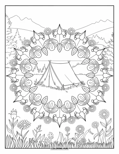 Coloriage de tente pour adultes : Mandala de fleurs sauvages avec une tente au centre dans un cadre naturel paisible