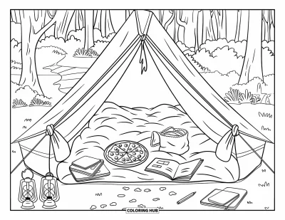 Coloriage de tente pour enfants : Cabane en couverture à l'intérieur d'une tente avec goûters, livres et accessoires de camping