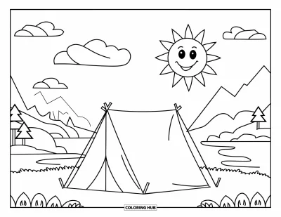 Coloriage de tente pour enfants : Scène de camping avec soleil souriant, nuages duveteux et panorama montagneux