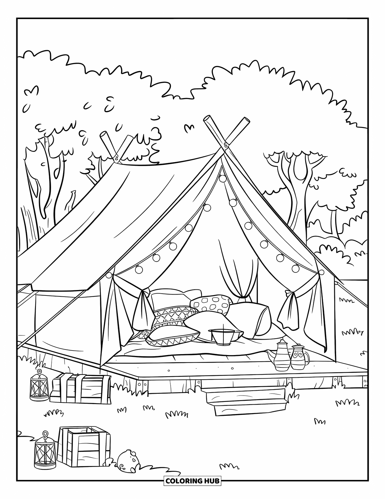 Tent Coloring Page for Kids: Cozy glamping tent with tea set, fairy lights, and soft grass all around