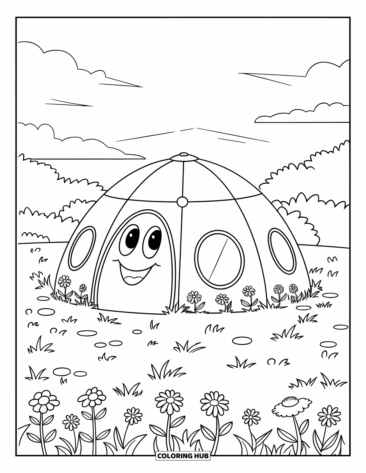 Tent Coloring Page for Kids: Cute dome tent with a happy face surrounded by flowers in a grassy field