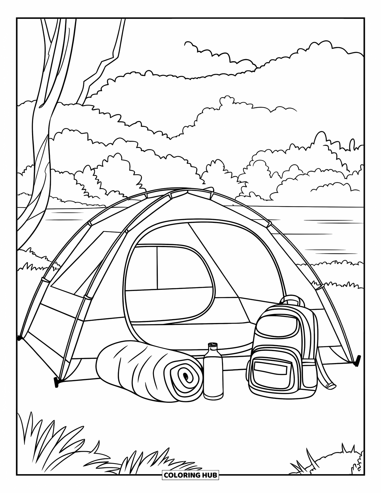 Tent Coloring Page for Kids: Dome tent and rolled-up sleeping bag near a calm nature setting