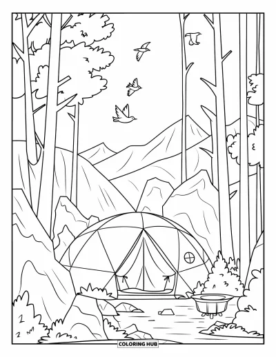 Coloriage de tente pour enfants : Tente dôme près d'un feu de camp sur un sol rocailleux avec des oiseaux en vol