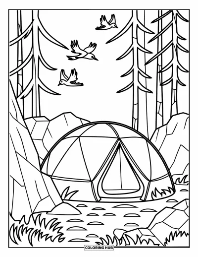 Coloriage de tente pour enfants : Tente dôme nichée entre rochers et arbres avec des oiseaux qui volent
