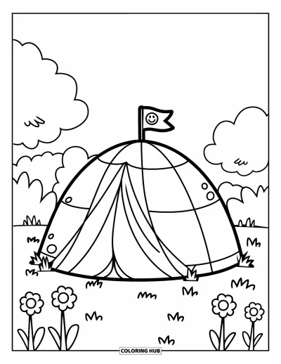 Coloriage de tente pour enfants : Tente dôme avec fanion souriant dans un espace herbeux plein de fleurs joyeuses