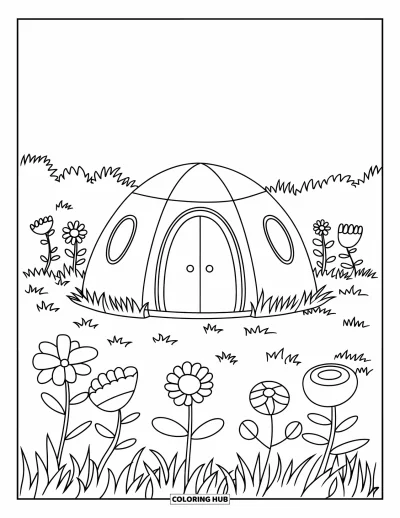 Coloriage de tente pour enfants : Tente dôme avec fenêtres et fleurs dans un champ herbeux sous un ciel dégagé