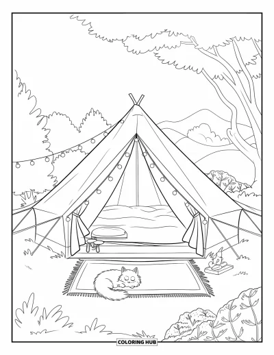 Coloriage de tente pour enfants : Tente de glamping illuminée et chat endormi dans une paisible prairie de montagne