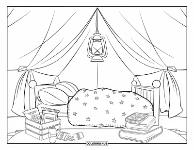 Coloriage de tente pour enfants : Couverture moelleuse, livres, goûter et lanterne pour une installation de camping intérieur douillet