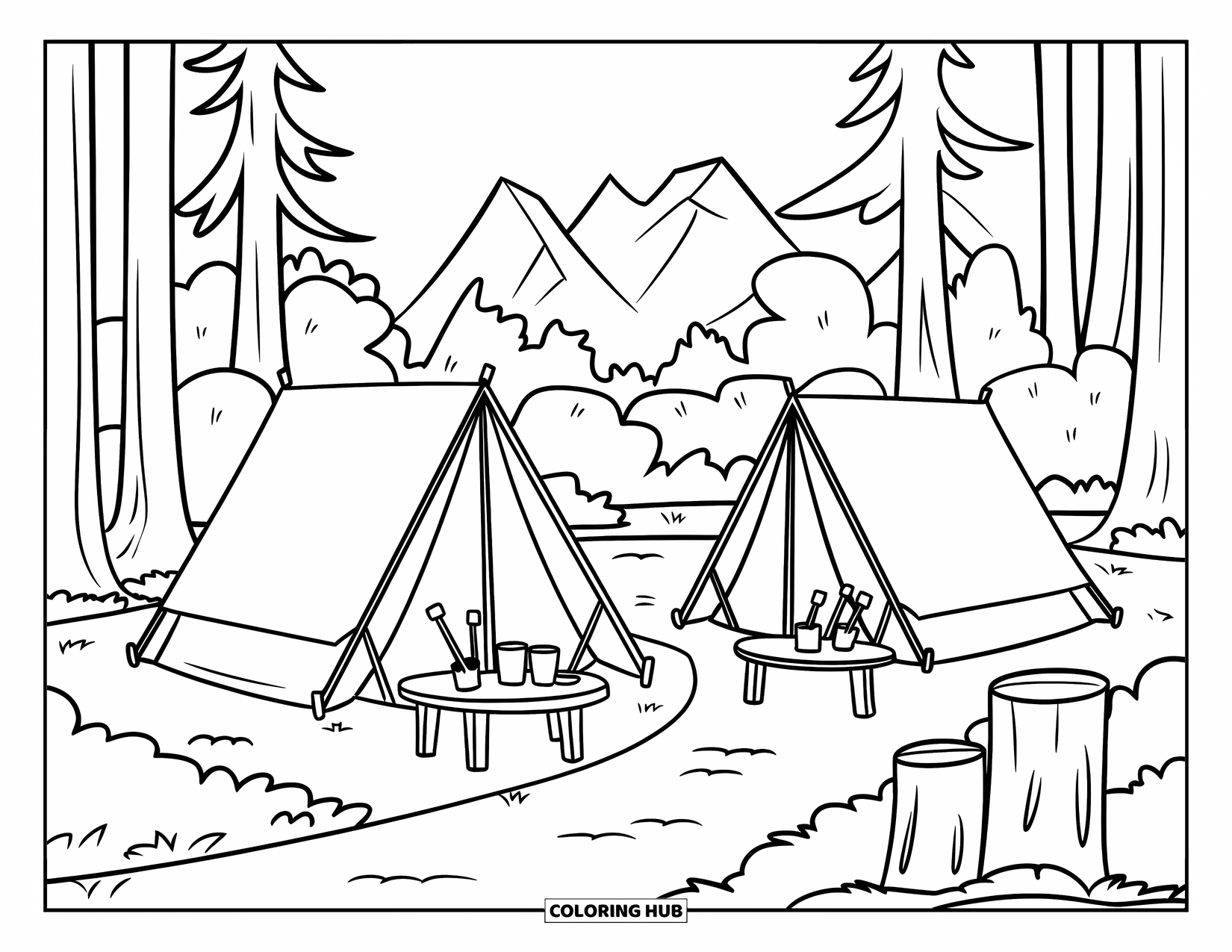 Tent Coloring Page for Kids: Forest campsite with tents, marshmallows, picnic table, and mountain backdrop