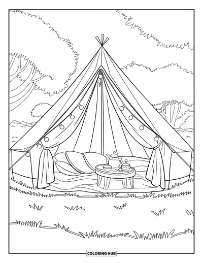 Coloriage de tente pour enfants : Tente de glamping avec oreillers, guirlandes lumineuses et petit service à thé dans l'herbe