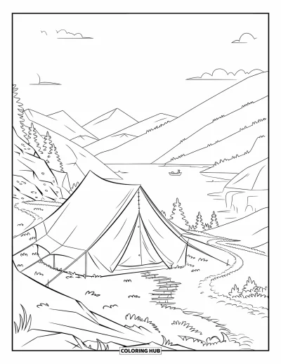 Coloriage de tente pour enfants : Grande tente à arêtes sur un sentier rocheux surplombant un lac de montagne tranquille