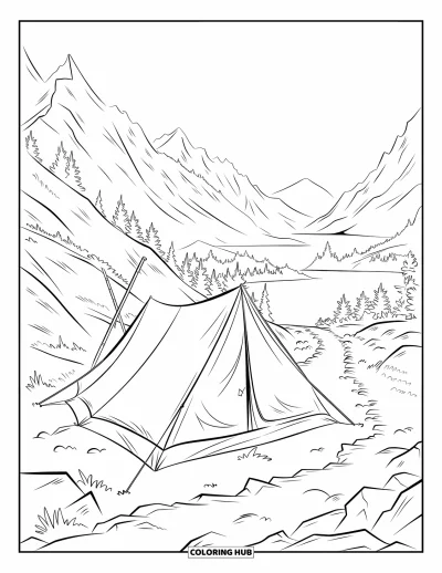 Coloriage de tente pour enfants : Tente à arêtes et bâton de randonnée avec vue sur les montagnes et reflet dans le lac