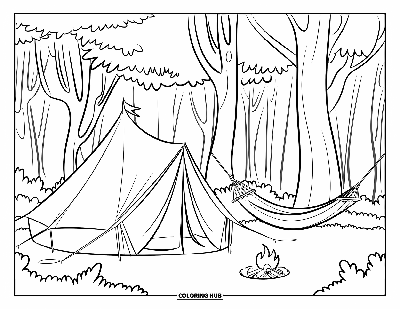 Tent Coloring Page for Kids: Round fabric tent and hammock with a fire pit in a forest of tall trees