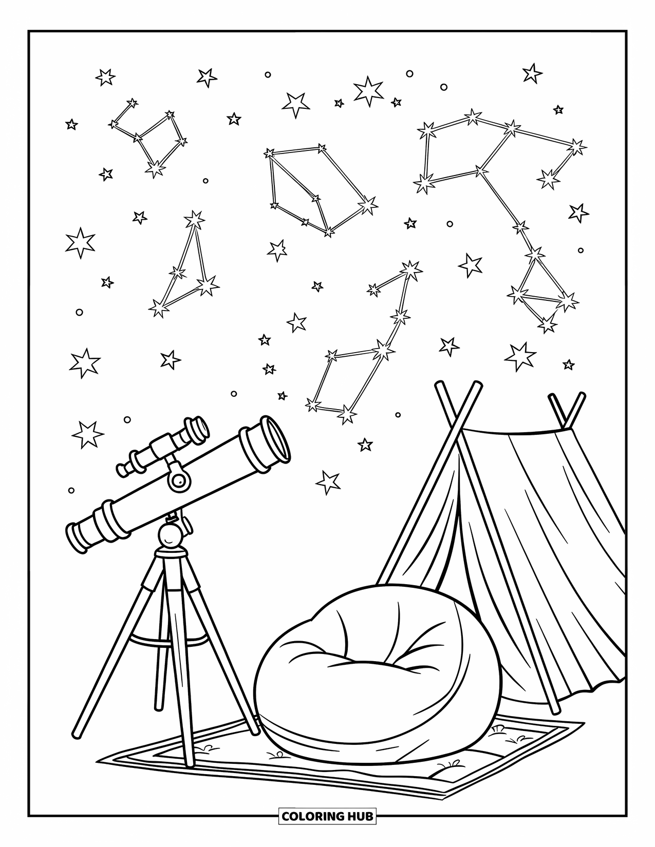 Tent Coloring Page for Kids: Stargazing camp with telescope, tent, and stars twinkling above