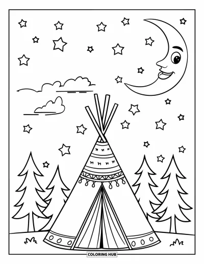Coloriage de tente pour enfants : Tente tipi parmi les arbres avec un croissant de lune et un ciel étoilé