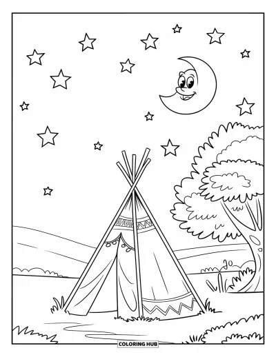 Coloriage de tente pour enfants : Tente tipi près d'un arbre avec une lune souriante et des étoiles au-dessus