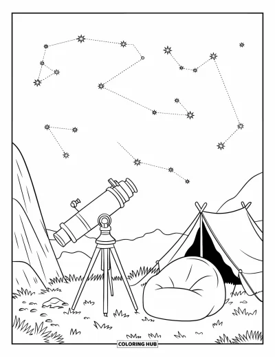 Coloriage de tente pour enfants : Télescope, fauteuil pouf et tente sous un ciel étoilé de montagne