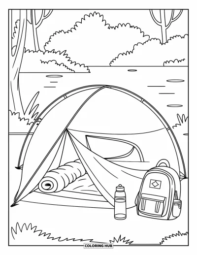 Coloriage de tente pour enfants : Tente et équipement de camping au bord de l'eau entourés d'arbres