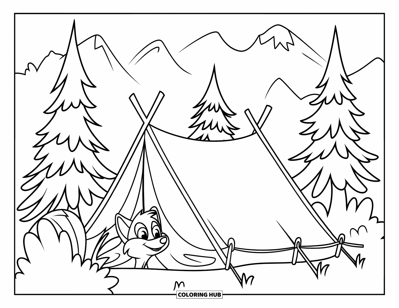 Tent Coloring Page for Kids: Tent and fox among pine trees with a mountain view in the distance