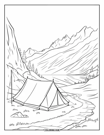 Coloriage de tente pour enfants : Tente près d'un bâton de randonnée sur un sentier au bord d'un lac de montagne aux reflets apaisants
