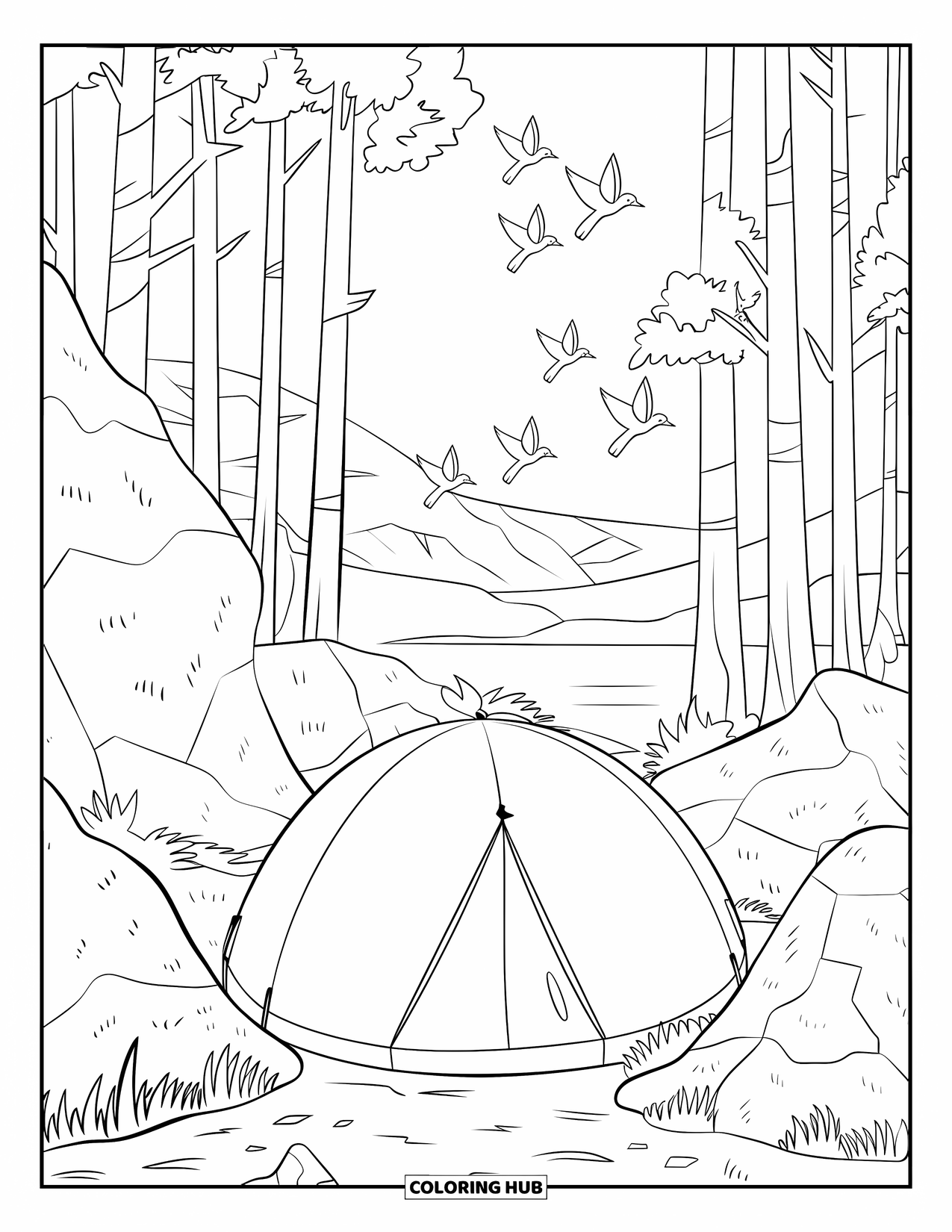 Tent Coloring Page for Kids: Tent between rocks and trees with birds flying over a scenic lake