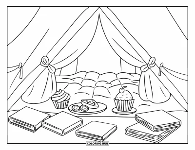 Coloriage de tente pour enfants : Fort en tissu rempli de goûters, livres et couches douillettes pour un camping intérieur amusant
