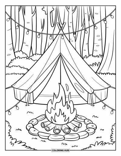 Coloriage de tente pour enfants : Tente illuminée de guirlandes près d'un feu de camp brillant sous de grands arbres forestiers
