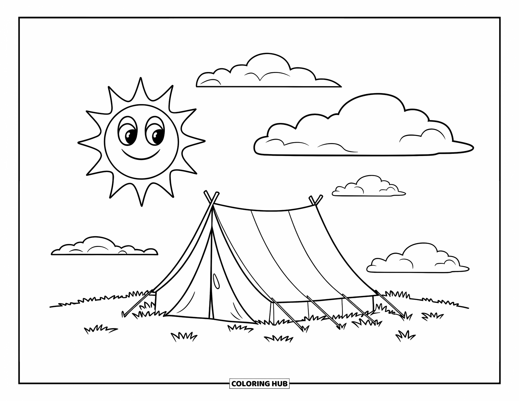 Tent Coloring Page for Kids: Tent under a happy sun and fluffy clouds in a wide grassy field