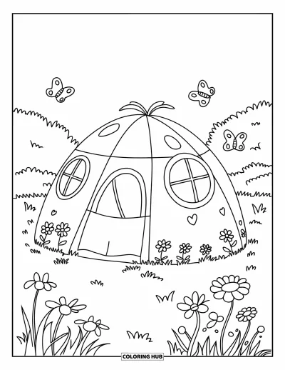 Coloriage de tente pour enfants : Tente avec visage souriant, fenêtres, papillons et fleurs dans un grand champ