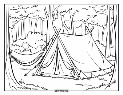 Coloriage de tente pour enfants : Tente avec structure en bois et hamac en corde niché entre deux grands arbres