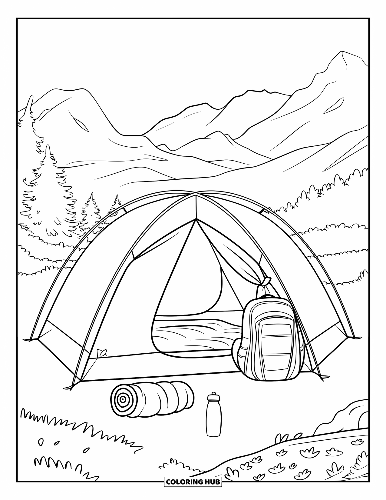 Tent Coloring Page for Kids: Tent with cozy gear like a backpack and water bottle in the forest