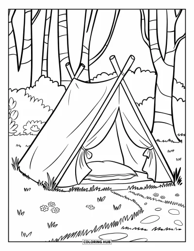 Coloriage de tente pour enfants : Tente avec oreiller douillet, fleurs et sentier dégagé dans une zone herbeuse