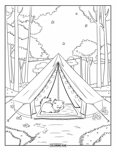 Coloriage de tente pour enfants : Tente avec guirlandes lumineuses et chat qui fait la sieste dans une forêt feuillue