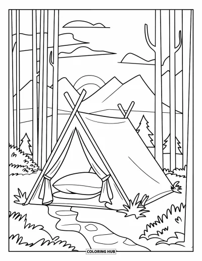 Coloriage de tente pour enfants : Tente au rabat ouvert et oreiller dans une forêt avec des montagnes et un coucher de soleil