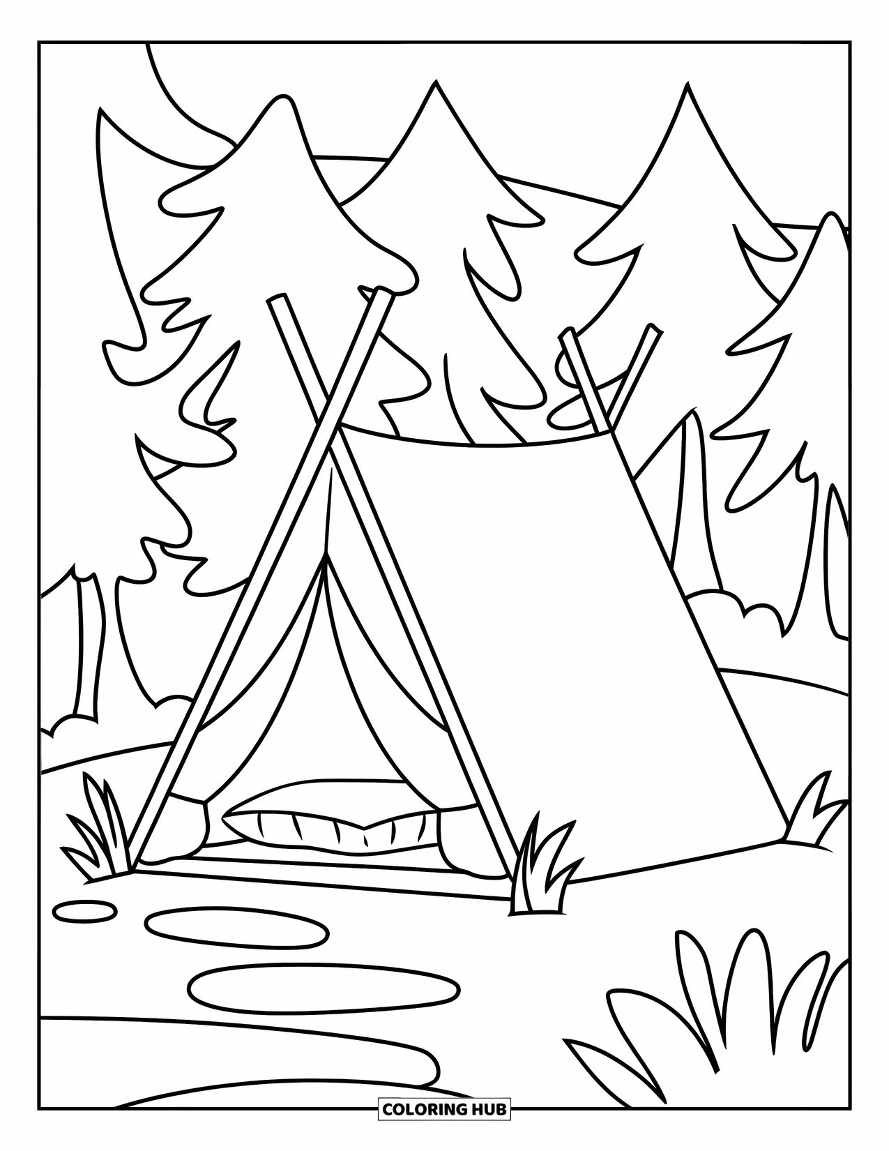 Tent Coloring Page for Kids: Tent with open flap, cozy pillow, trees, and a path in a cheerful forest