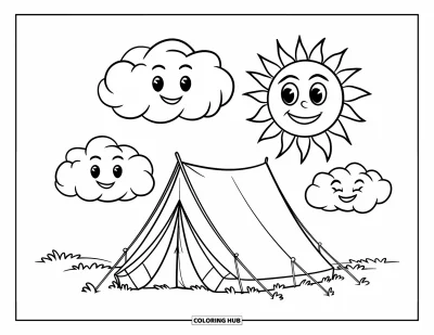 Coloriage de tente pour enfants : Tente avec nuages souriants et soleil joyeux dans un décor extérieur plein de fantaisie