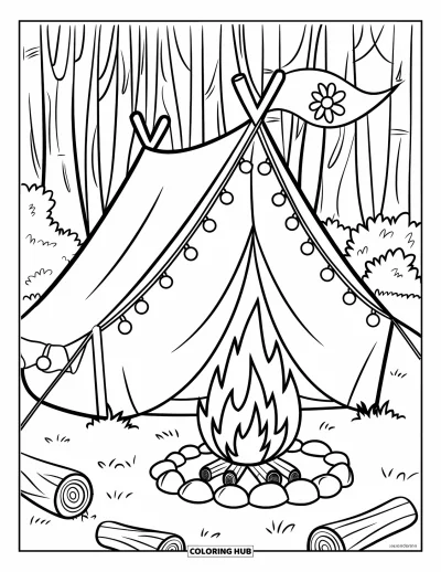 Coloriage de tente pour enfants : Tente avec guirlandes lumineuses, fanion fleuri et un grand feu de camp dans la forêt