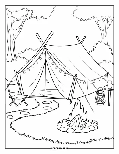 Coloriage de tente pour enfants : Tente avec guirlandes lumineuses et feu de camp entouré de pierres et d'accessoires de camping