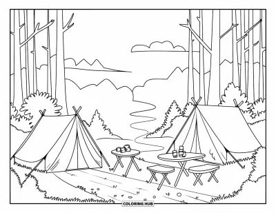 Coloriage de tente pour enfants : Tentes et guimauves dans une clairière forestière avec herbe, sentier et nuages