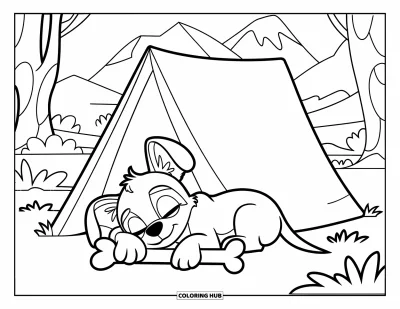 Coloriage de tente pour enfants : Petit chien tenant un os fait une sieste près d'une tente avec des arbres et des montagnes