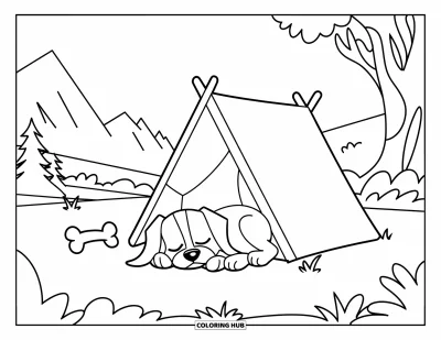 Coloriage de tente pour enfants : Petit chien endormi près d'une tente avec un os dans un cadre montagneux paisible