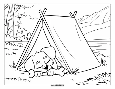 Coloriage de tente pour enfants : Petit chien avec un os qui fait la sieste près d'une tente au bord de l'eau et des arbres