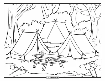 Coloriage de tente pour enfants : Deux tentes et table de pique-nique avec des guimauves dans un camp forestier tranquille